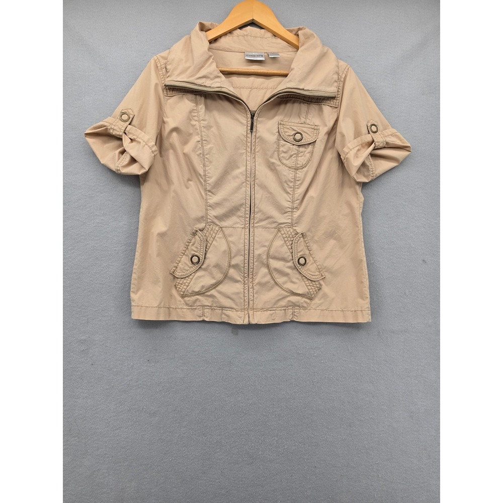Chico's Tan Khaki Utility Jacket Short Sleeve Zip Up Cotton Safari Top Size 1 M